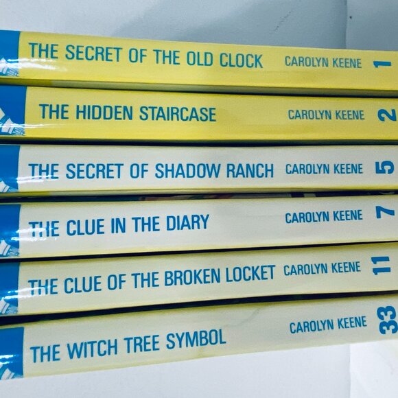 6 VNTG NANCY DREW MYSTERY STORIES YELLOW GLOSSY HC FINE COND, #1,2,5,7,11,33 - Picture 1 of 8